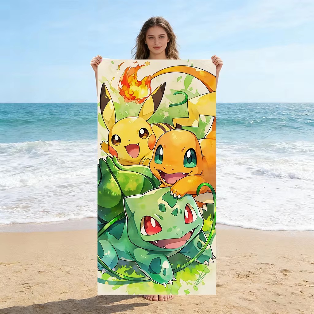 Beach Towel Large - P-Pokemon Starters ผ้าขนหนูชายหาดลายอนิเมะ พิคาชู ชาร์แมนเดอร์ บูลบาซอร์