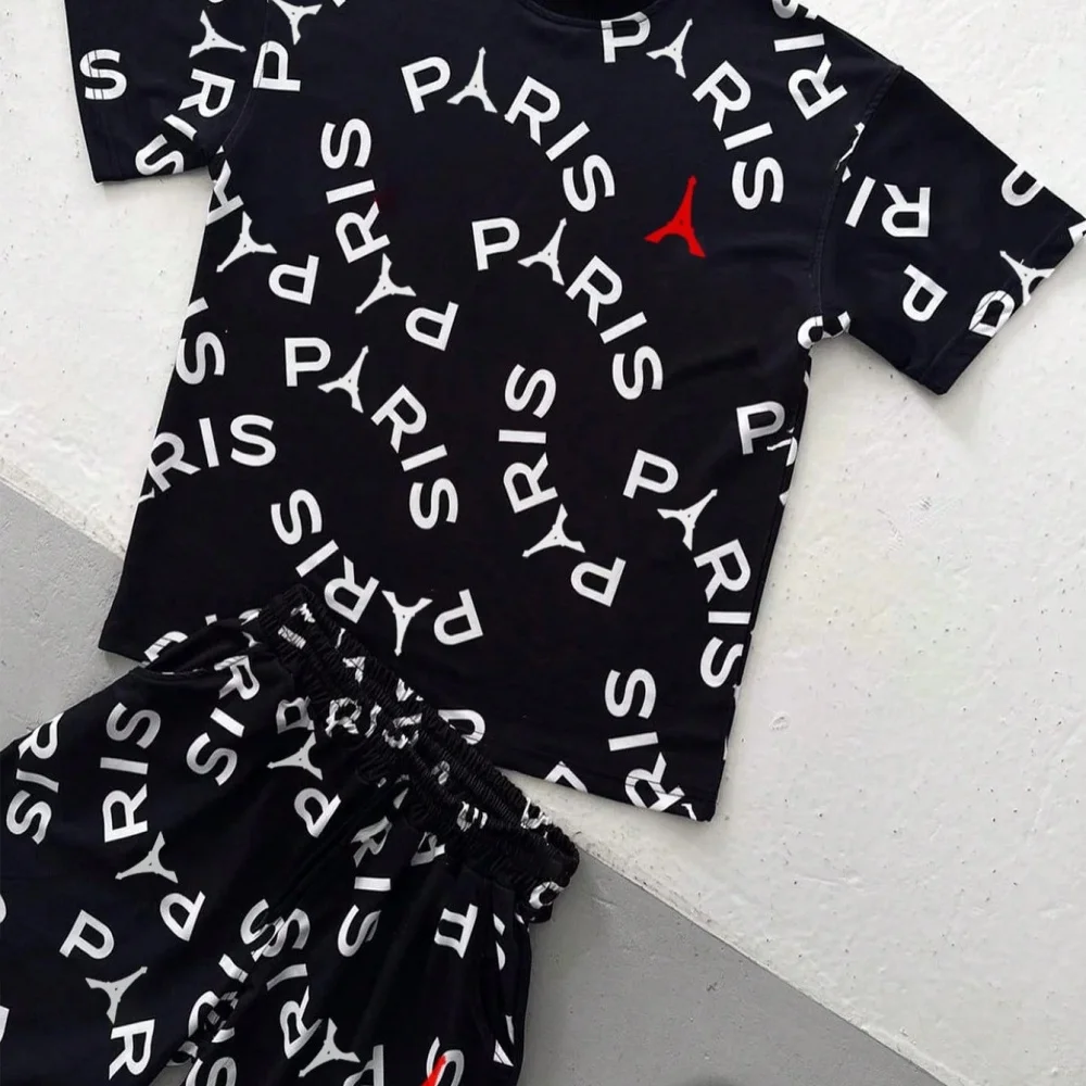 Tee Graphic Print - ชุดเสื้อยืดคอกลมแขนสั้นพิมพ์ลายตัวอักษรผู้ชาย กางเกงขาสั้น ชุดลำลอง เสื้อยืดกราฟิกปารีสผู้ชาย ชุดกีฬาแฟชั่นกลางแจ้งสำหรับผู้ชาย