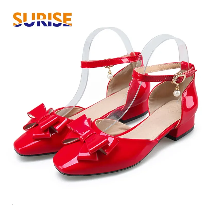 Casual Sandal Leather - รองเท้าส้นเตี้ยแบบผูกโบว์ ไซส์ใหญ่สำหรับผู้หญิง หัวกลม ส้นเตี้ย แบบ D'Orsay